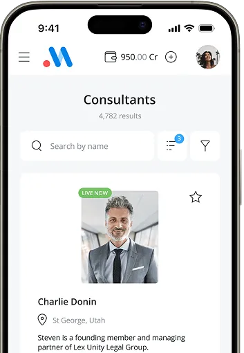 Mobile app screen showing a consultant profile with live status, location, availability, and a search bar for consultants.